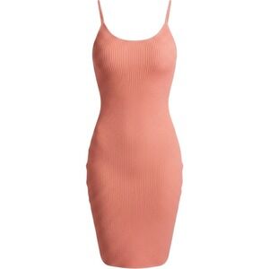 IMMODEL Coral Peach Ribbed Knit Bodycon Mini Dress Adjustable Straps Size L